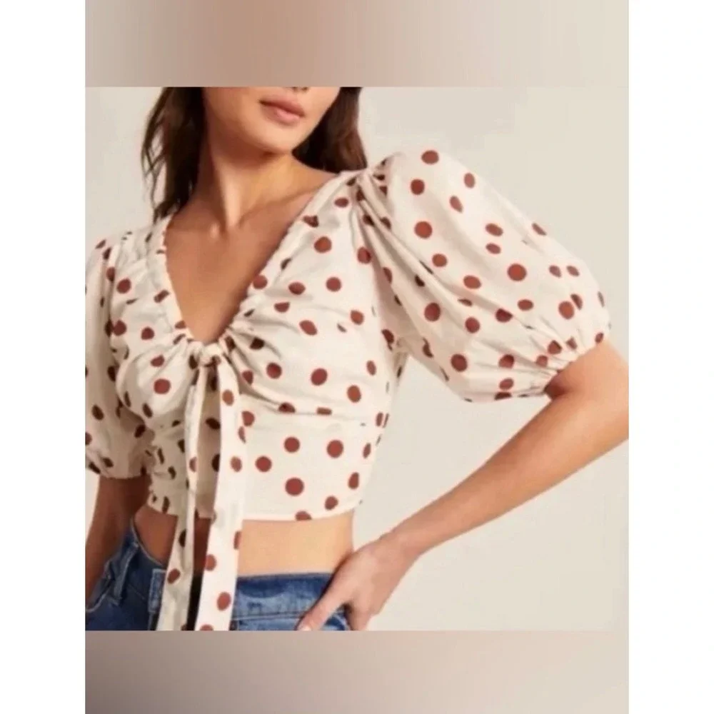 Abercrombie & Fitch White Brown Polka Dot Puff Sleeve Tie Front Crop Top M
